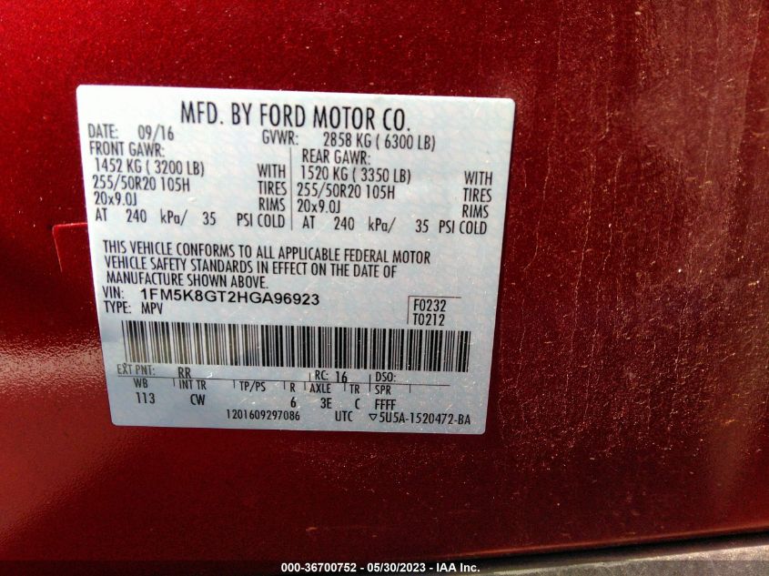 2017 FORD EXPLORER SPORT - 1FM5K8GT2HGA96923