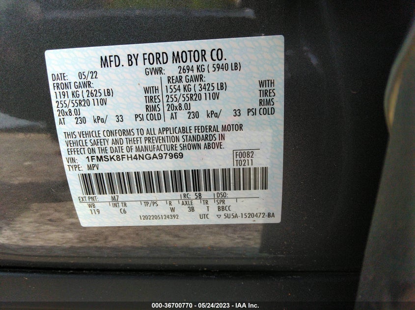 VIN 1FMSK8FH4NGA97969 2022 FORD EXPLORER LIMITED