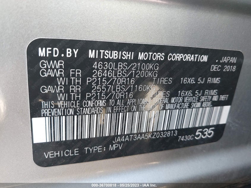 VIN JA4AT3AA5KZ032813 2019 MITSUBISHI ECLIPSE CROSS ES