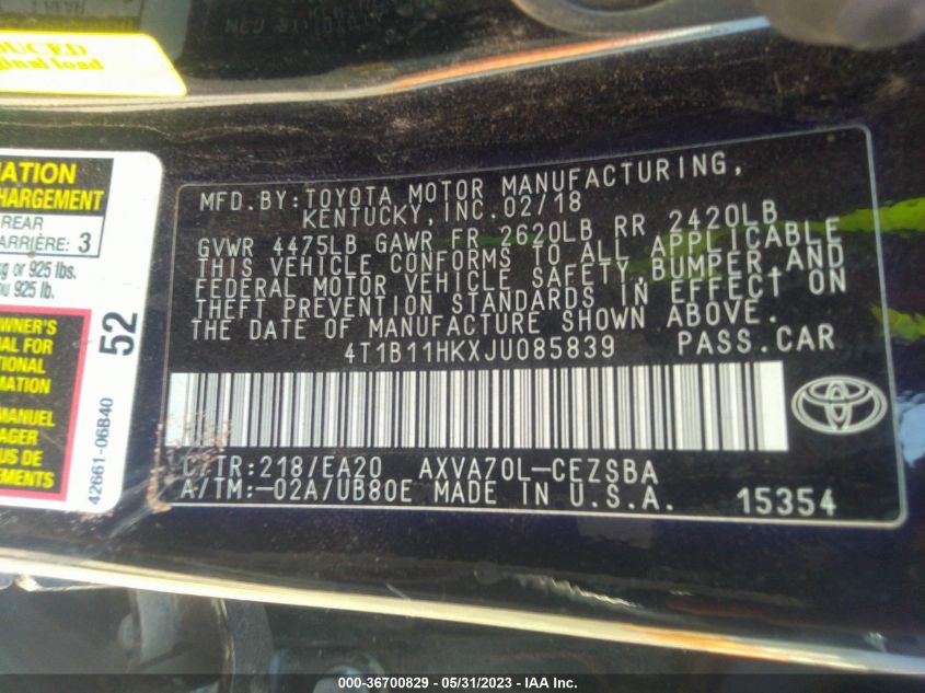 2018 TOYOTA CAMRY LE/SE/XLE/L - 4T1B11HKXJU085839