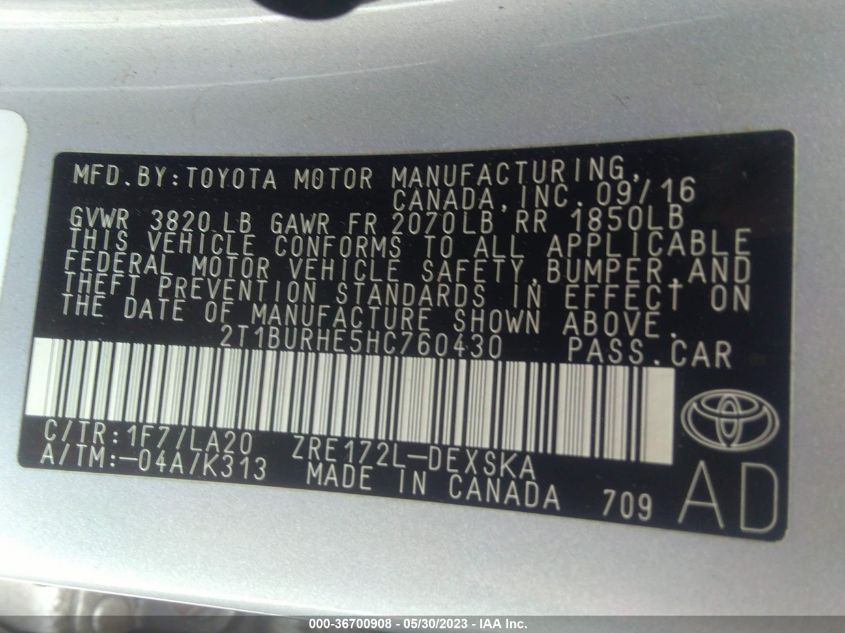 2017 TOYOTA COROLLA L/LE/XLE/SE - 2T1BURHE5HC760430