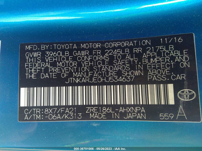 2017 TOYOTA COROLLA IM - JTNKARJE0HJ534637