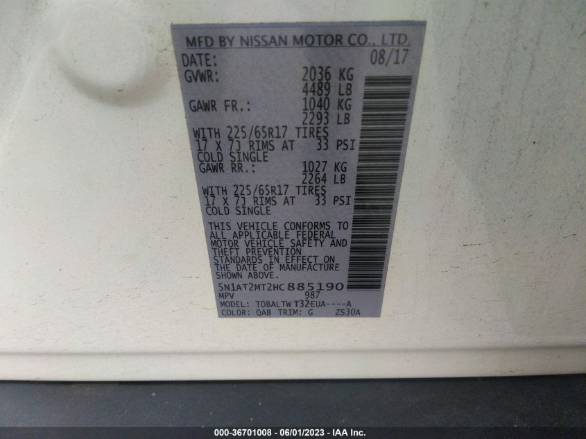 2017 NISSAN ROGUE SV - 5N1AT2MT2HC885190
