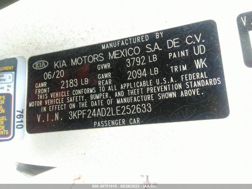 2020 KIA FORTE LXS - 3KPF24AD2LE252633