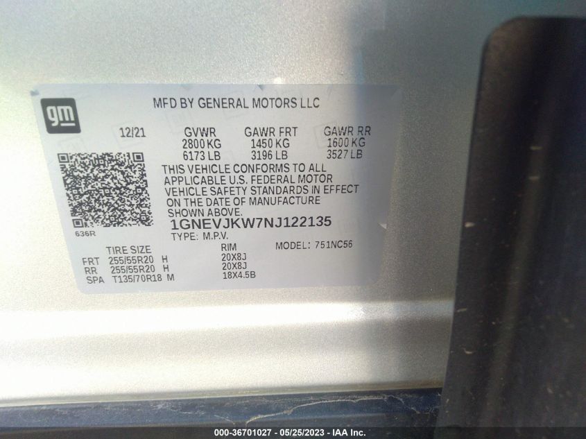 2022 CHEVROLET TRAVERSE RS - 1GNEVJKW7NJ122135