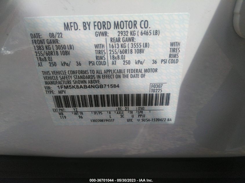 2022 FORD POLICE INTERCEPTOR 1FM5K8AB4NGB71584