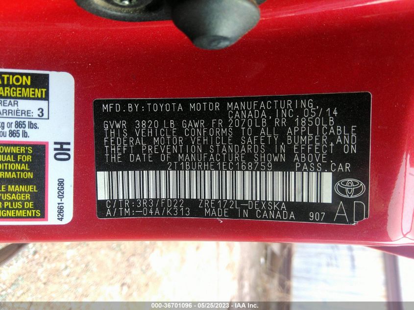 2014 TOYOTA COROLLA L/LE/S/S PLUS/LE PLUS - 2T1BURHE1EC168759