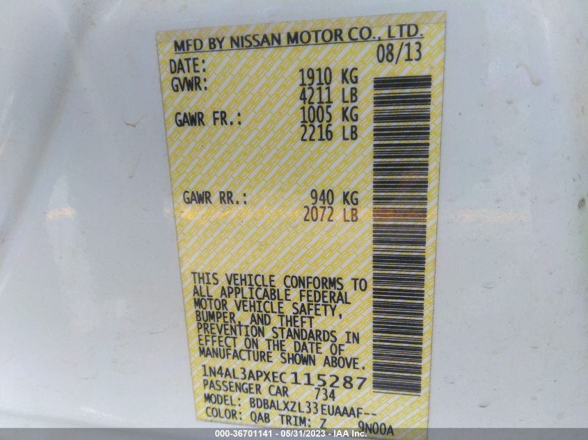 2014 NISSAN ALTIMA 2.5 SL - 1N4AL3APXEC115287