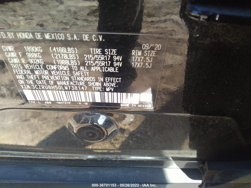 VIN 3CZRU6H50LM738147 2020 HONDA HR-V EX