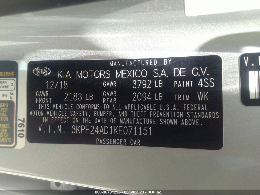 2019 KIA FORTE LXS - 3KPF24AD1KE071151