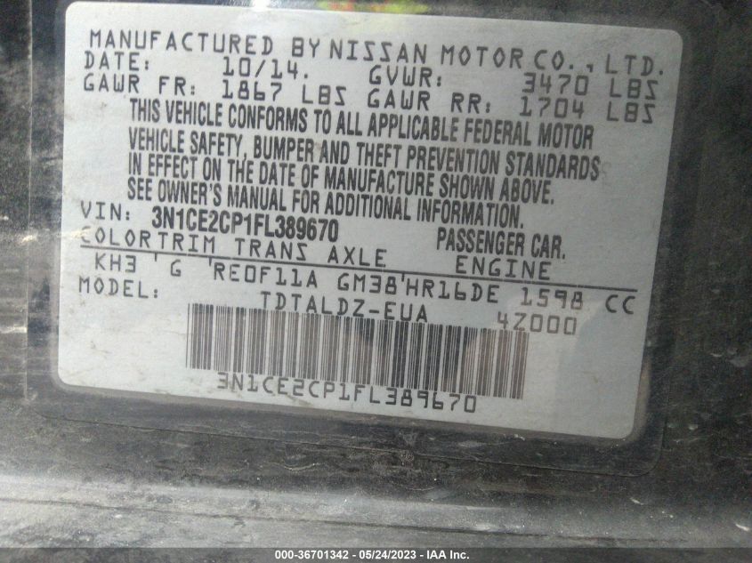 2015 NISSAN VERSA NOTE S/S PLUS/SV/SR/SL - 3N1CE2CP1FL389670