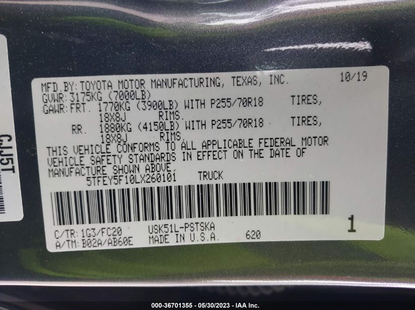 2020 TOYOTA TUNDRA 2WD SR5 5TFEY5F10LX260101