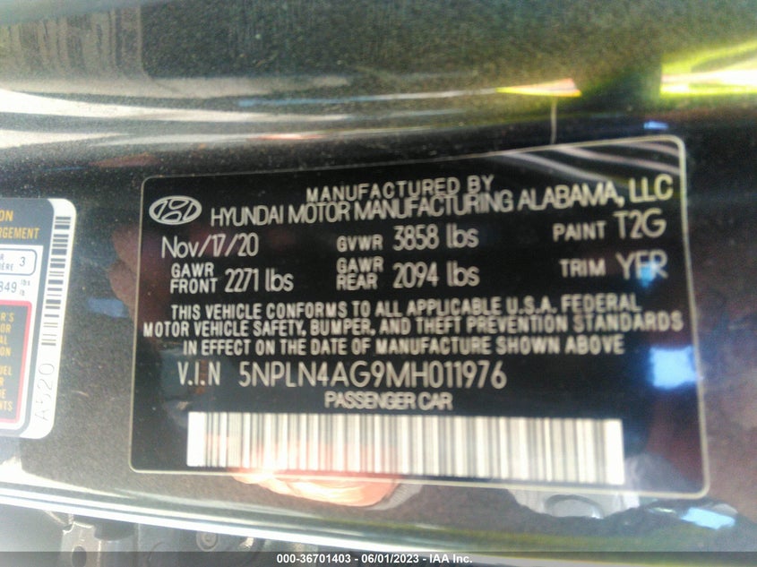 VIN 5NPLN4AG9MH011976 2021 HYUNDAI ELANTRA SEL