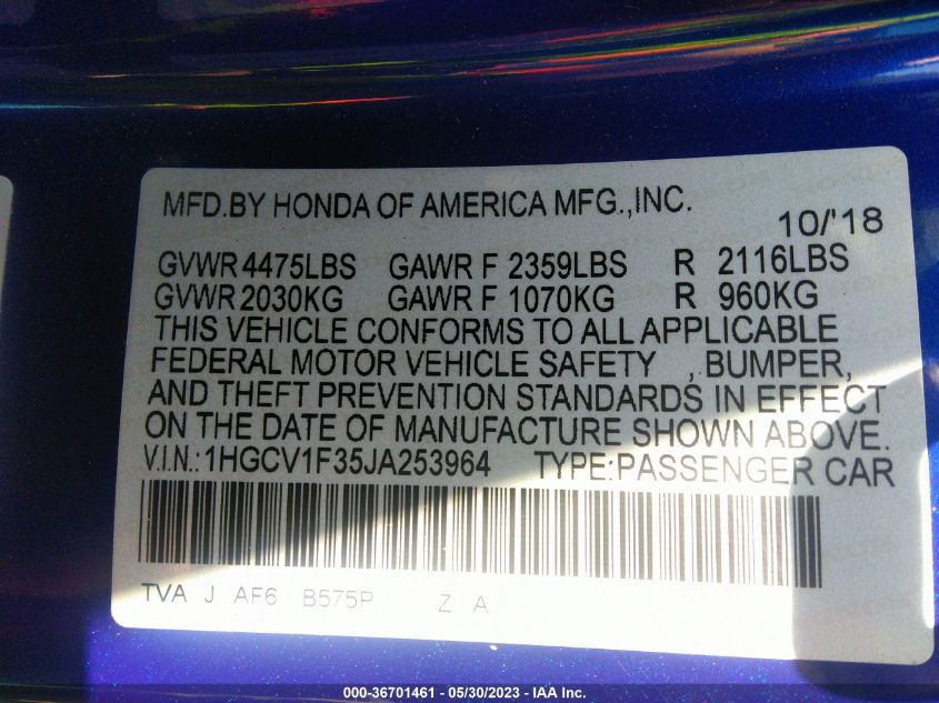2018 HONDA ACCORD SEDAN SPORT 1.5T - 1HGCV1F35JA253964