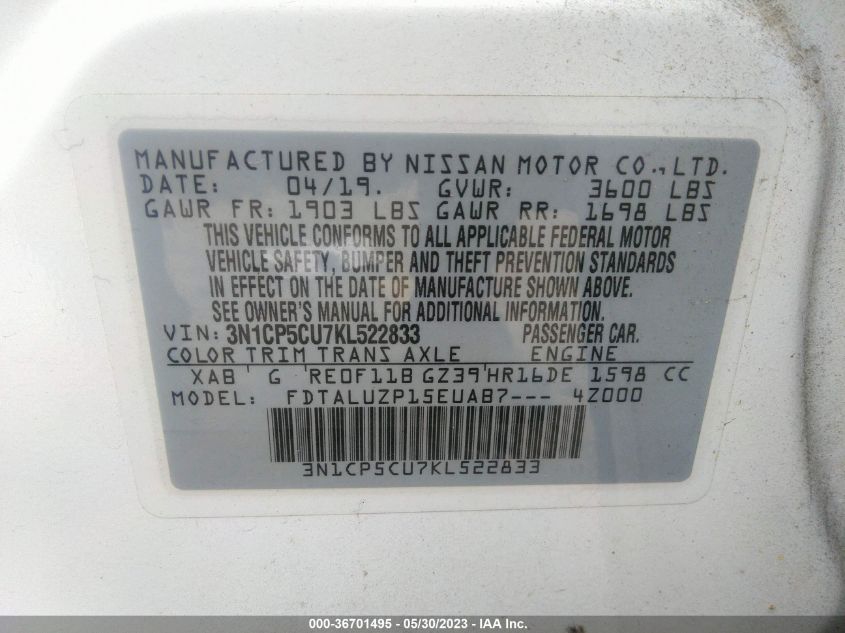 2019 NISSAN KICKS SR - 3N1CP5CU7KL522833
