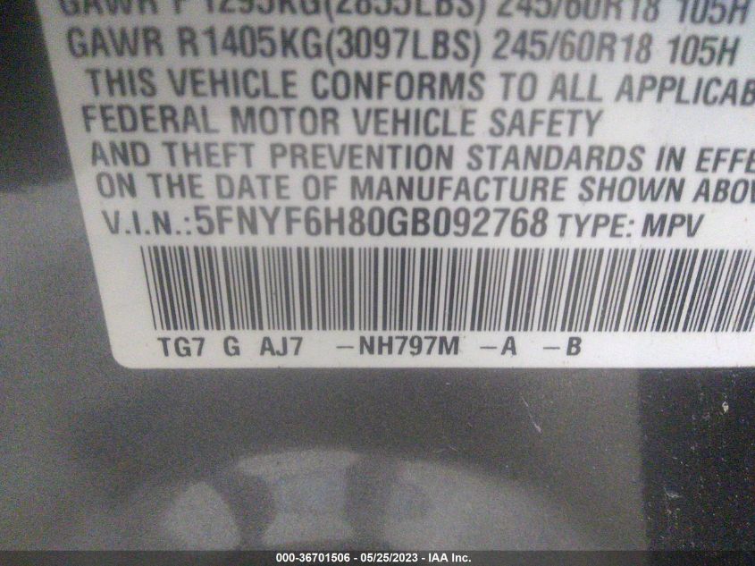 2016 HONDA PILOT EX-L - 5FNYF6H80GB092768