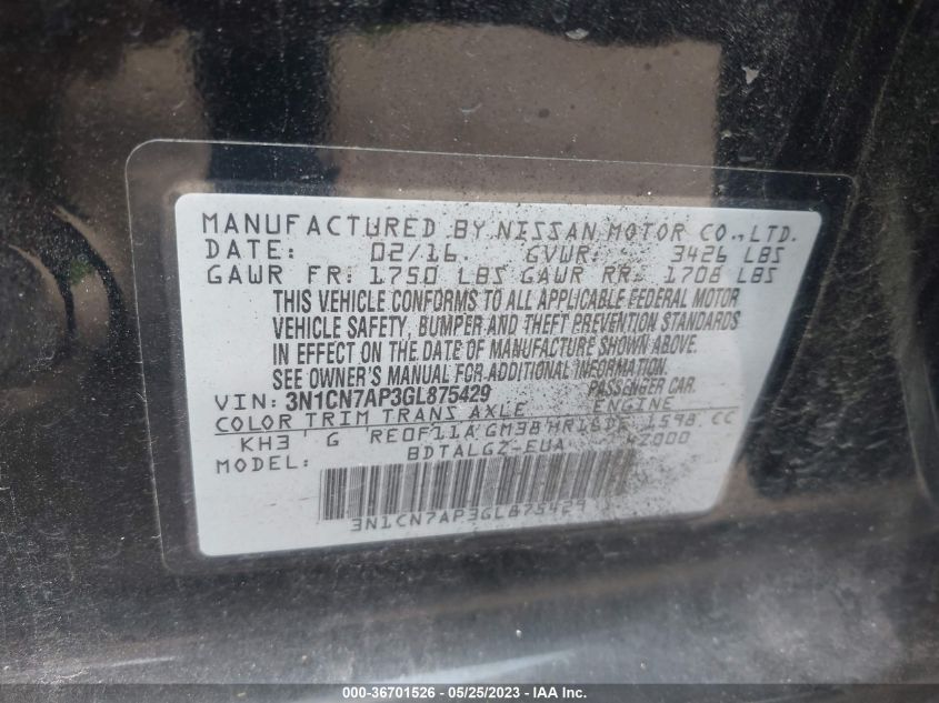 2016 NISSAN VERSA SL - 3N1CN7AP3GL875429