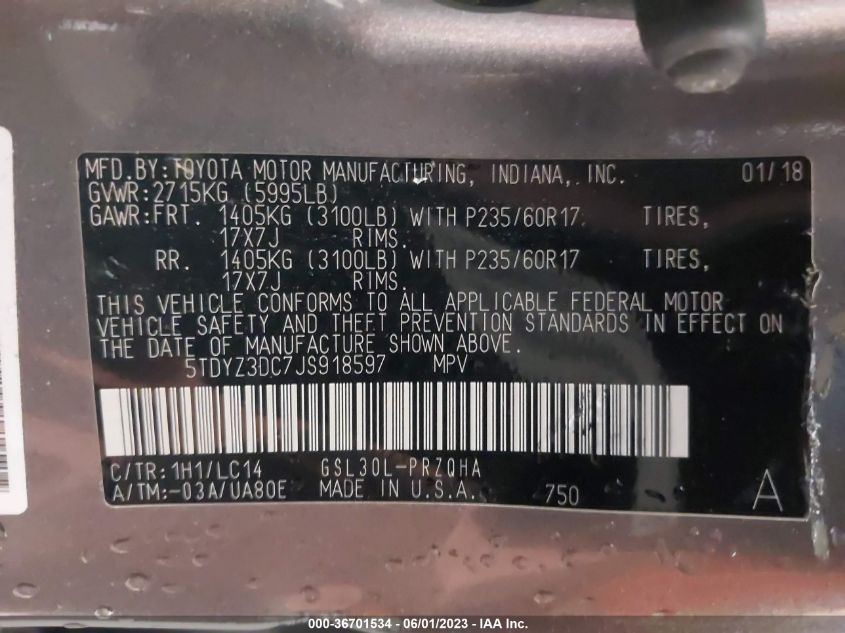 2018 TOYOTA SIENNA XLE AUTO ACCESS - 5TDYZ3DC7JS918597