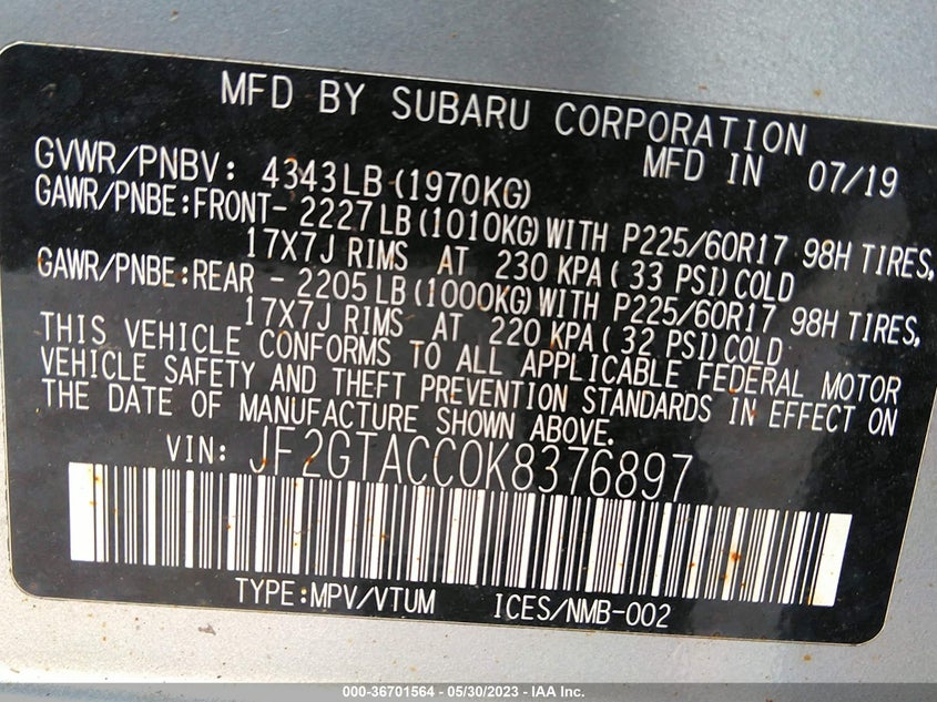 VIN JF2GTACC0K8376897 2019 SUBARU CROSSTREK PREMIUM