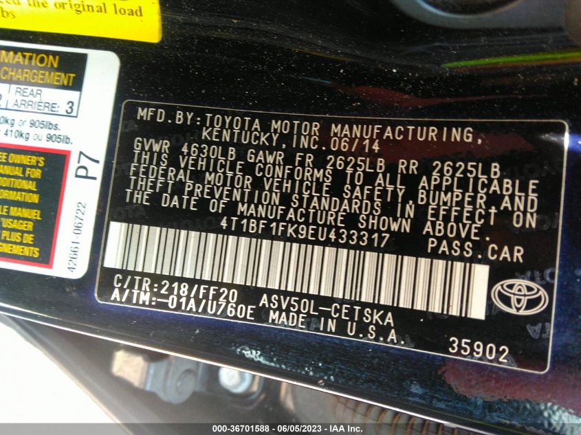 2014 TOYOTA CAMRY L/LE/XLE/SE/SE SPORT - 4T1BF1FK9EU433317