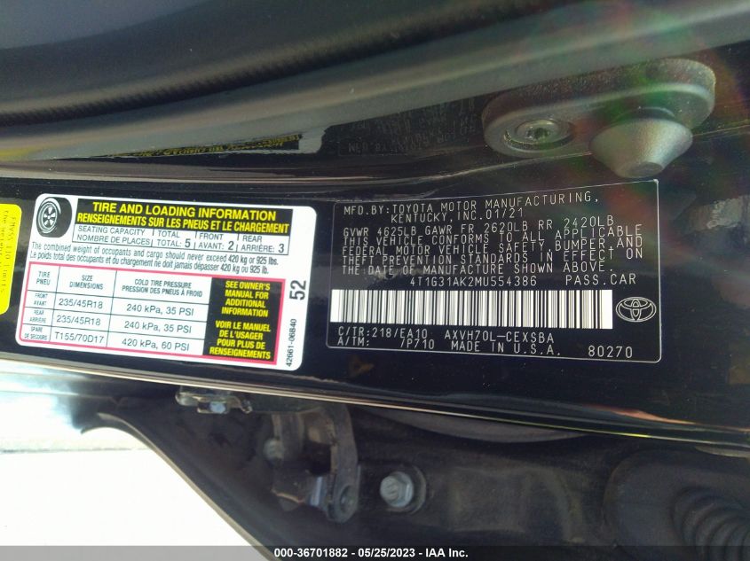 2021 TOYOTA CAMRY HYBRID SE - 4T1G31AK2MU554386