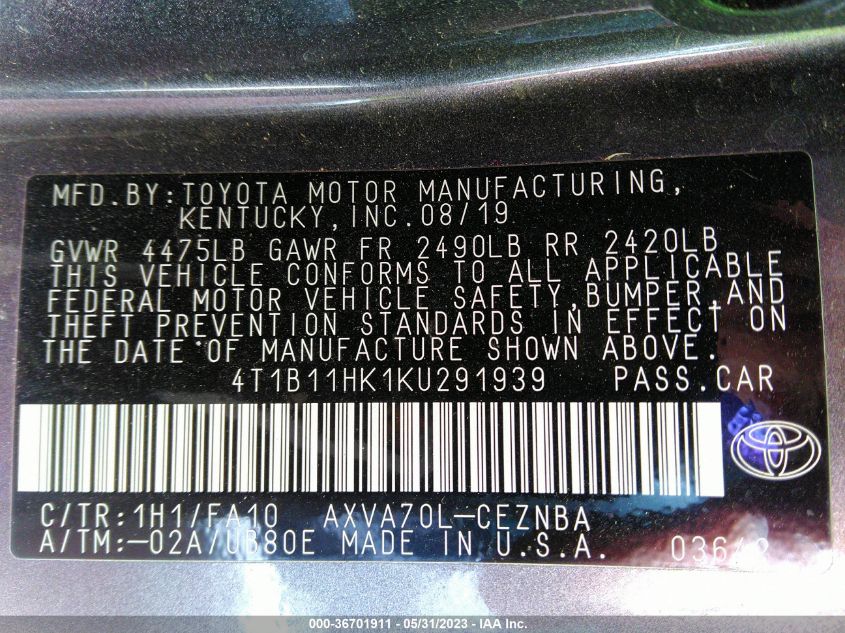 2019 TOYOTA CAMRY LE/SE/XLE/L - 4T1B11HK1KU291939