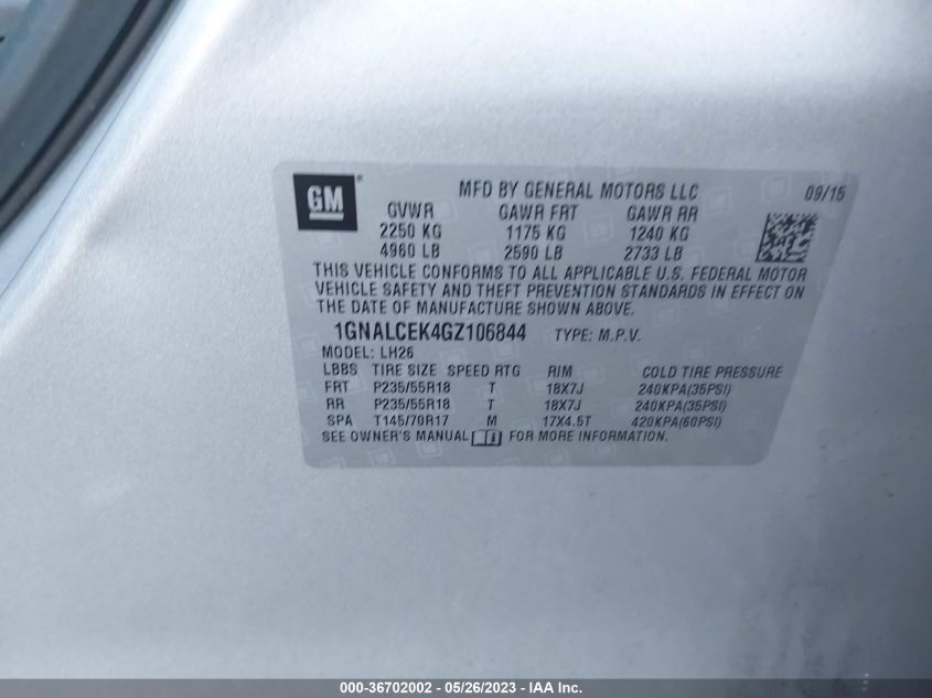 2016 CHEVROLET EQUINOX LT - 1GNALCEK4GZ106844