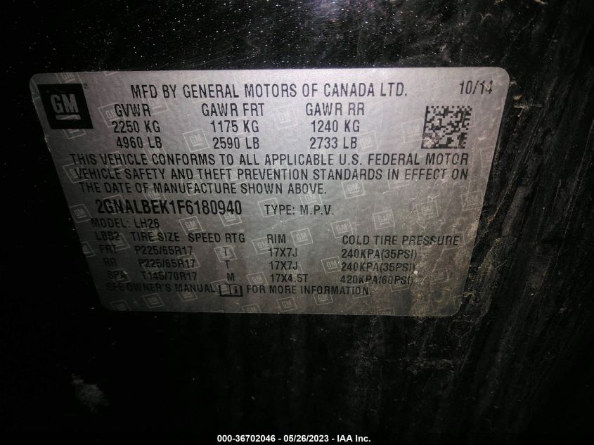 2015 CHEVROLET EQUINOX LT - 2GNALBEK1F6180940
