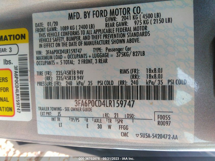 2020 FORD FUSION SEL - 3FA6P0CD4LR159747