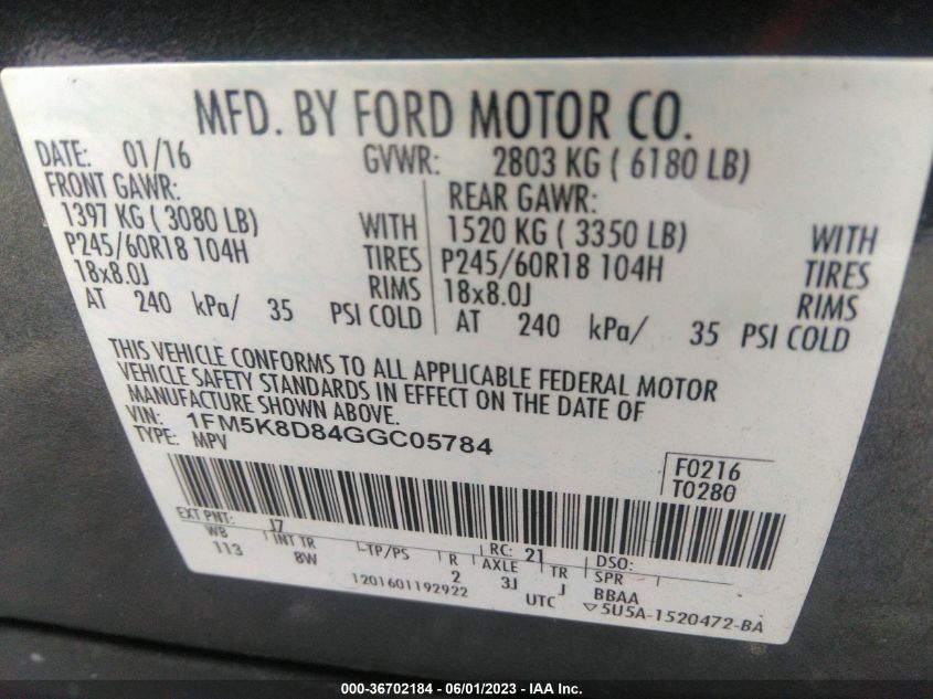 2016 FORD EXPLORER XLT - 1FM5K8D84GGC05784