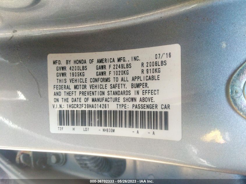 2017 HONDA ACCORD SEDAN LX - 1HGCR2F39HA014261