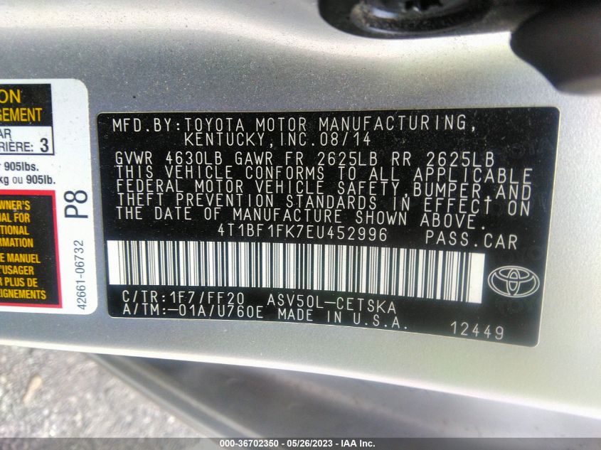 2014 TOYOTA CAMRY L/LE/XLE/SE/SE SPORT - 4T1BF1FK7EU452996