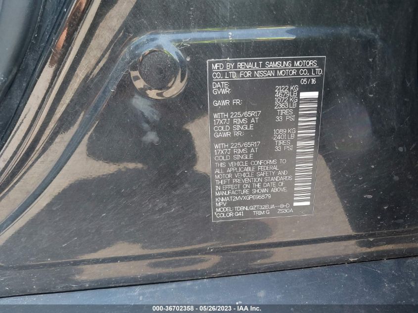2016 NISSAN ROGUE SV - KNMAT2MVXGP696879