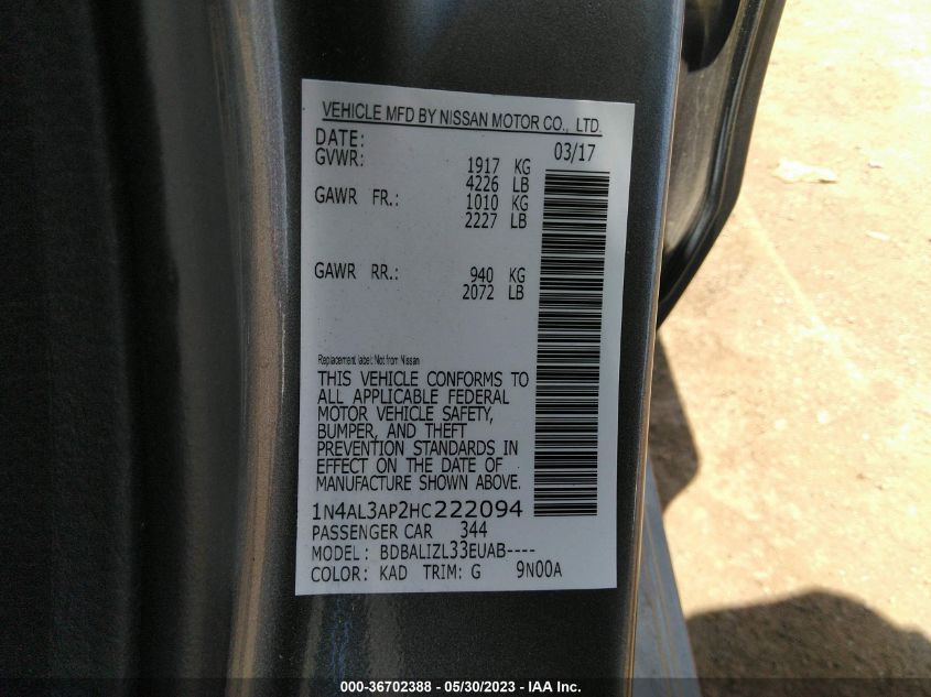 2017 NISSAN ALTIMA 2.5 SV - 1N4AL3AP2HC222094