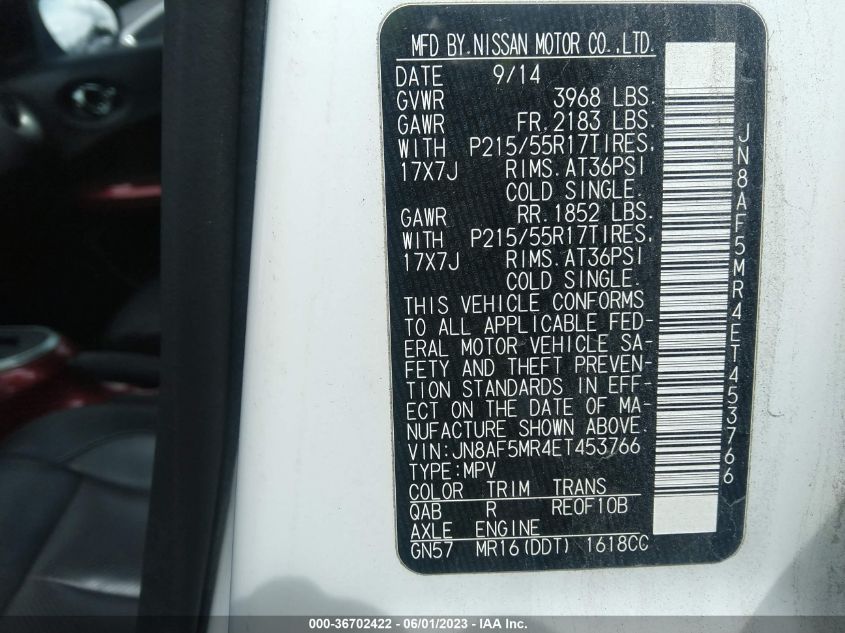 2014 NISSAN JUKE SL - JN8AF5MR4ET453766