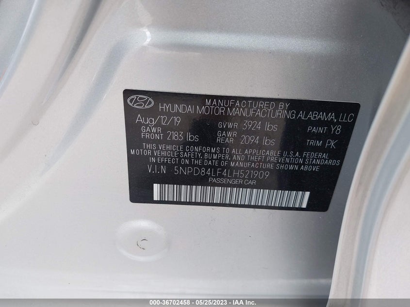 VIN 5NPD84LF4LH521909 2020 HYUNDAI ELANTRA SEL