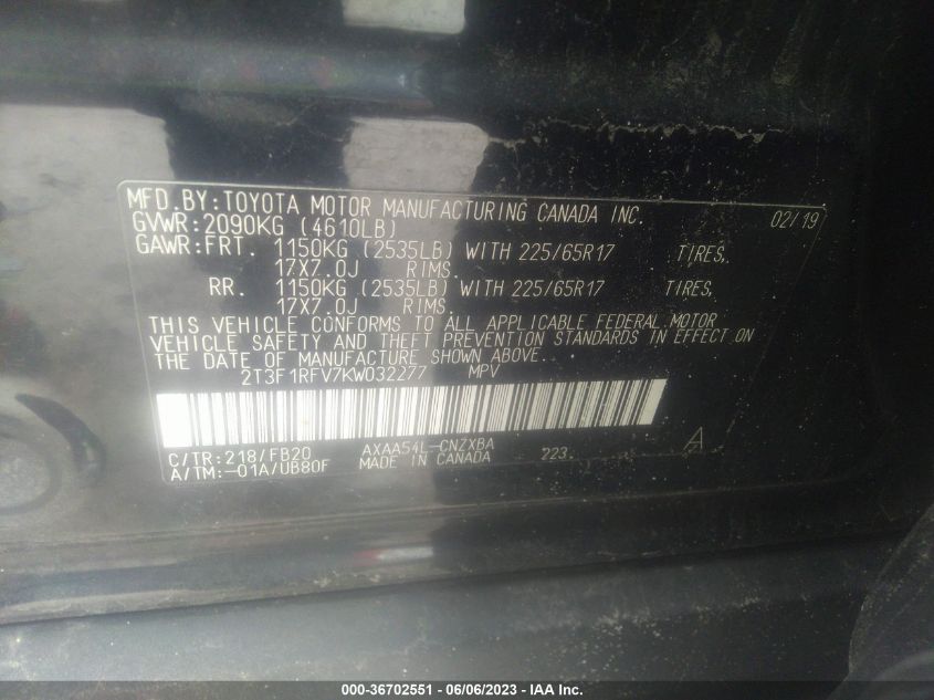 2019 TOYOTA RAV4 LE - 2T3F1RFV7KW032277