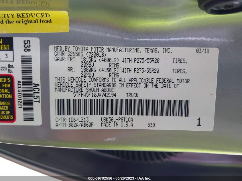 2018 TOYOTA TUNDRA 4WD SR5/LIMITED/PLATINUM - 5TFHW5F10JX742194
