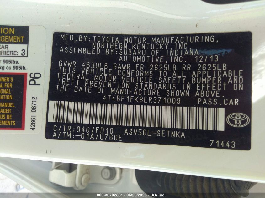 2014 TOYOTA CAMRY L/LE/XLE/SE/SE SPORT - 4T4BF1FK8ER371009