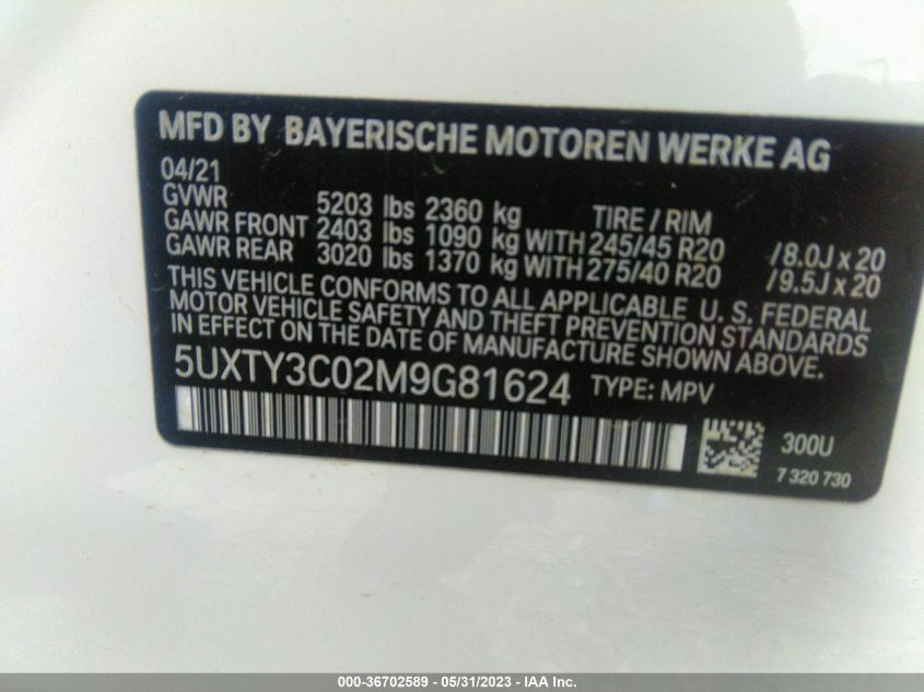 2021 BMW X3 SDRIVE30I - 5UXTY3C02M9G81624