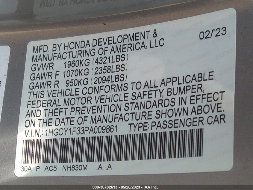 2023 HONDA ACCORD SEDAN EX - 1HGCY1F33PA009861