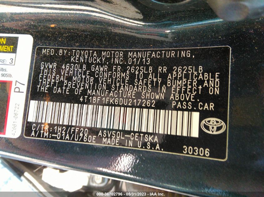 2013 TOYOTA CAMRY L/LE/SE/XLE - 4T1BF1FK6DU217262