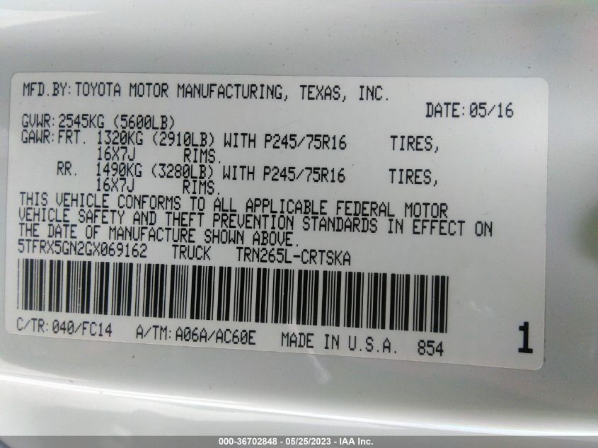 2016 TOYOTA TACOMA SR/SR5 - 5TFRX5GN2GX069162