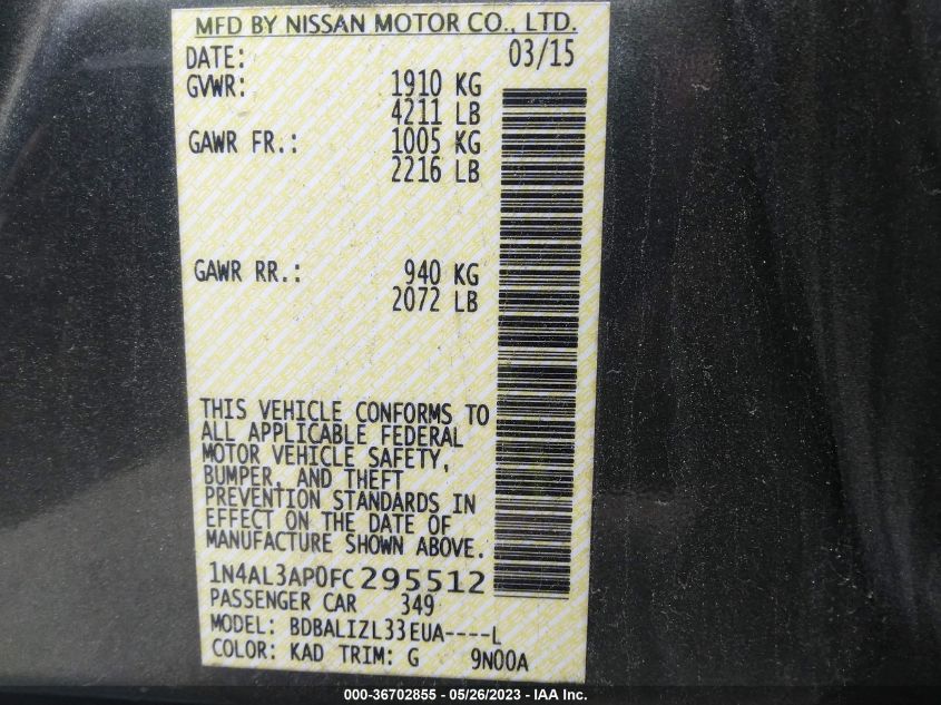 2015 NISSAN ALTIMA 2.5 SV - 1N4AL3AP0FC295512
