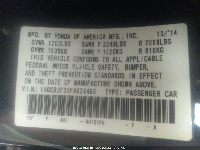 2015 HONDA ACCORD SEDAN LX - 1HGCR2F33FA034485