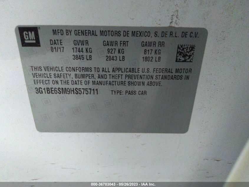 2017 CHEVROLET CRUZE LT - 3G1BE6SM9HS575711