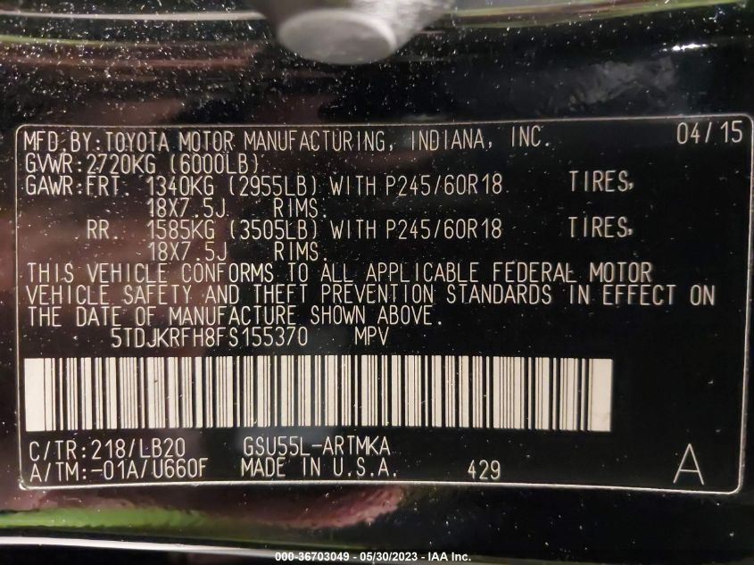 2015 TOYOTA HIGHLANDER XLE - 5TDJKRFH8FS155370