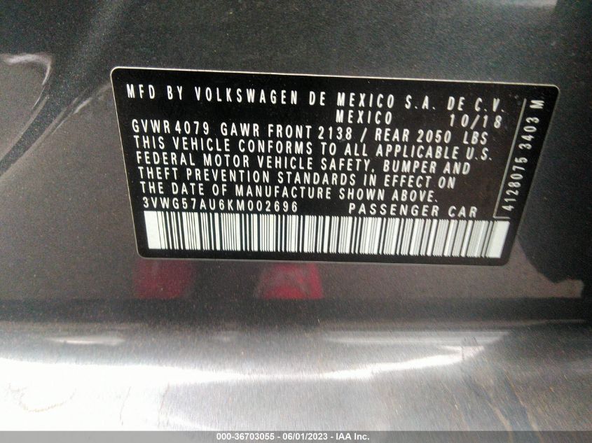 2019 VOLKSWAGEN GOLF S/SE - 3VWG57AU6KM002696