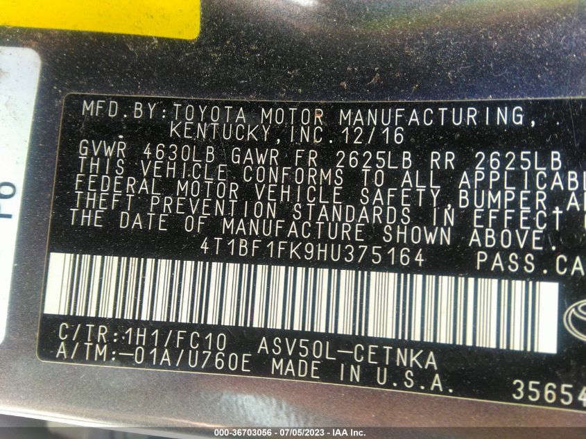 2017 TOYOTA CAMRY XLE/SE/LE/XSE - 4T1BF1FK9HU375164