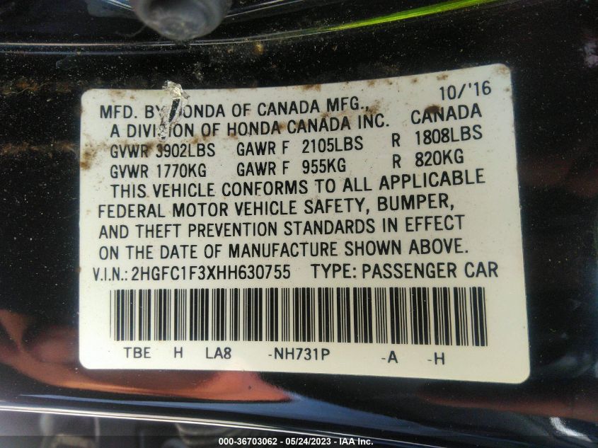 2017 HONDA CIVIC SEDAN EX-T - 2HGFC1F3XHH630755